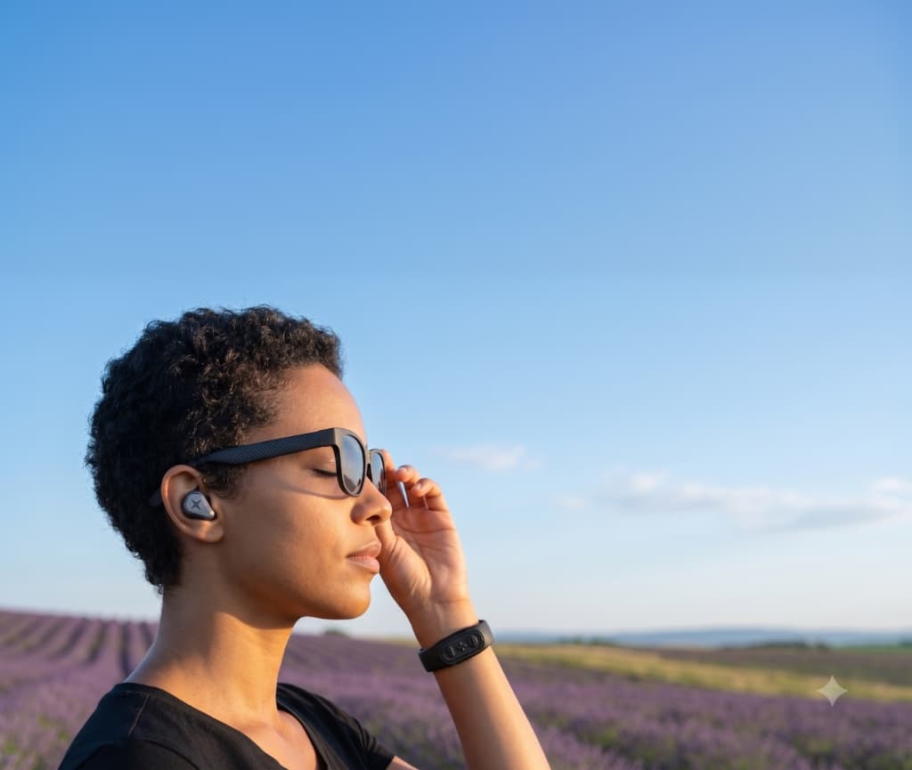 Woman wearing Luminexis devices in a lavender field