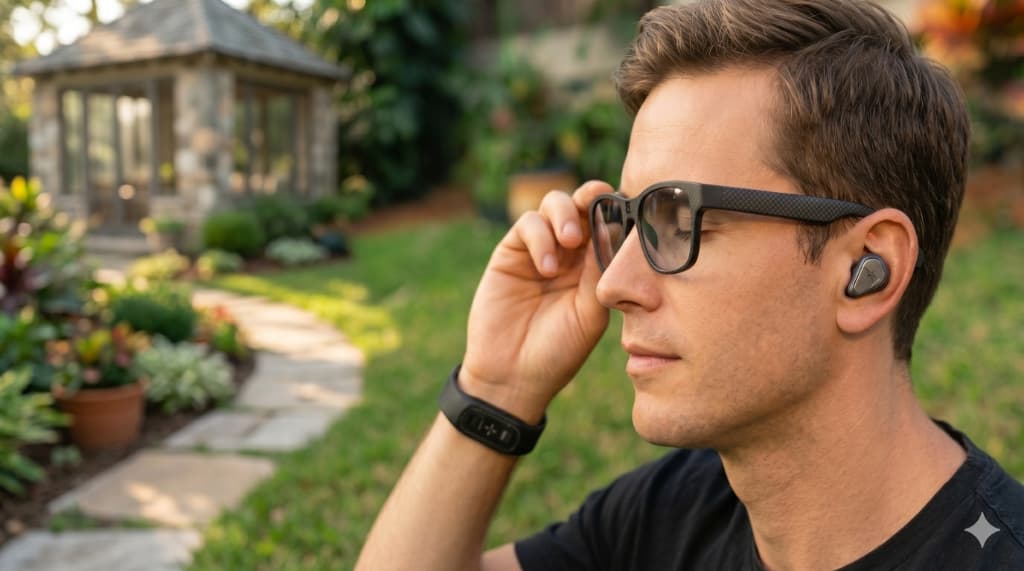 Man wearing Luminexis smart glasses and ear piece in a garden
